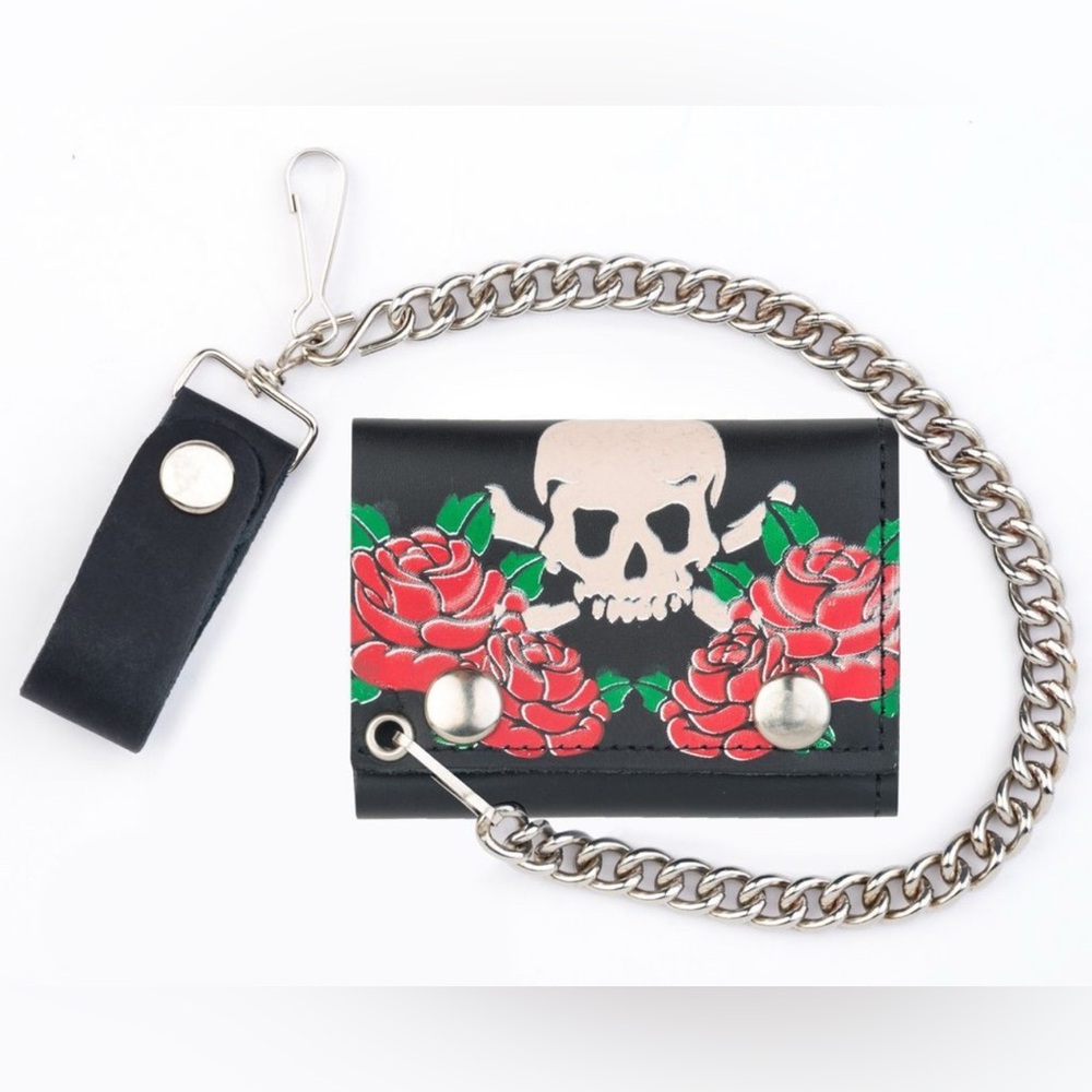 Mens Biker Leather Chain Wallet Tri-Fold - Motorcycle - Roses & Skull